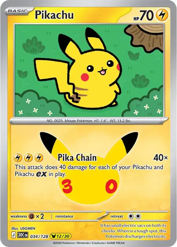 30 Jahre Kartenliste - Pikachu 034/128