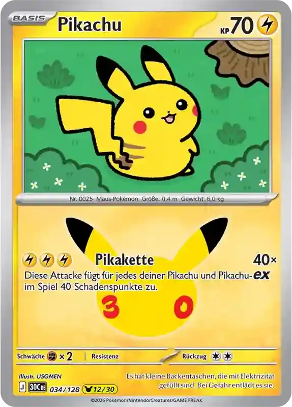 30 Jahre Kartenliste Pikachu 034/128